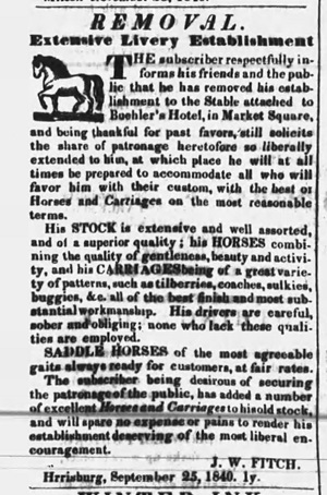 1842 newspaper advertisement for J. W. Fitch's livery in Harrisburg.